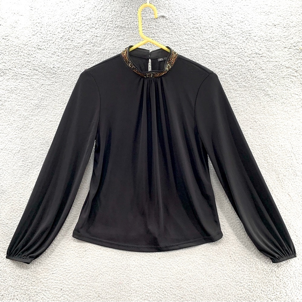 Zara Women Black Embellished High Neck Long Sleeve Semi Sheer Blouse Top Size S
